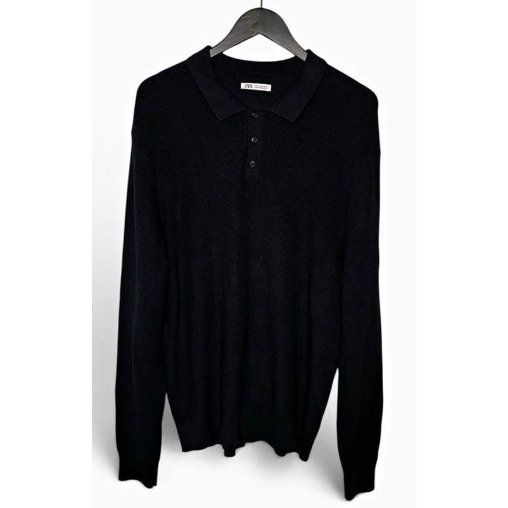 ZARA Mens Solid Black Knit Long Sleeve Polo Sweater XL 3284/304/401/XL